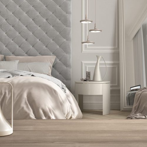 Wooden table top or shelf with minimalistic modern vases over classic bedroom with double bed with velvet headboard, parquet floor, minimalist architecture interior design